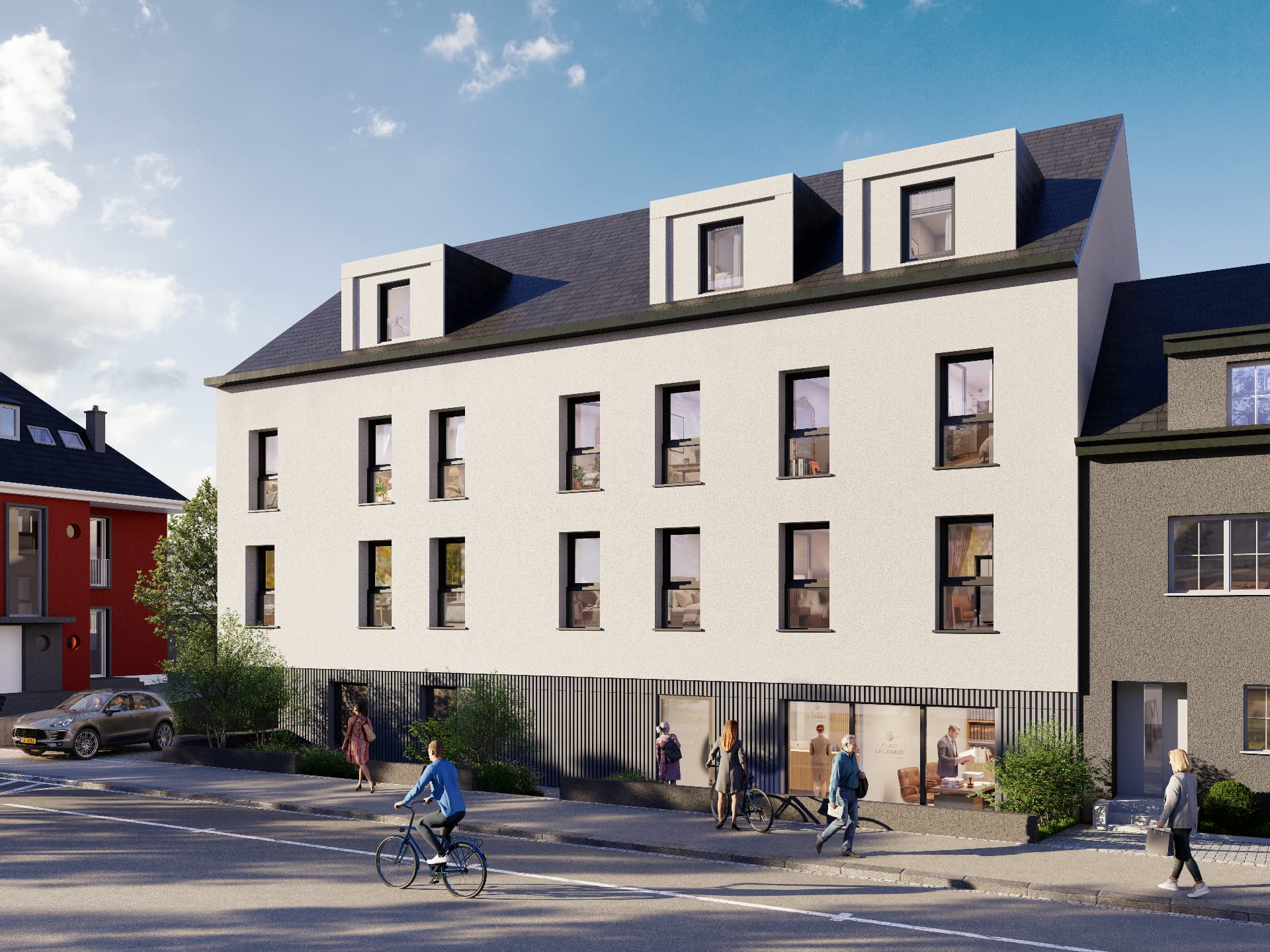 Rendu 3D de la résidence MERIDIA à Junglinster, avec commerce en rez-de-chaussée